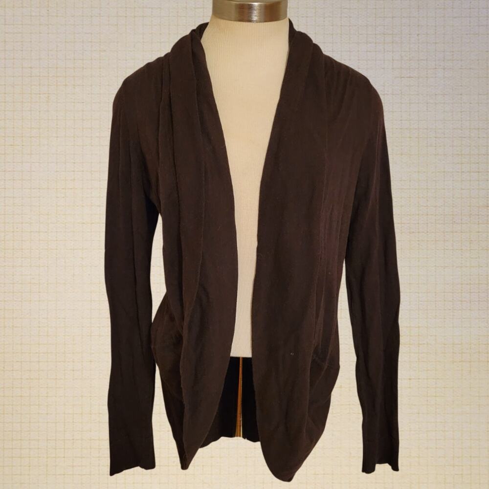 Contemporary Business Casual Dark Brown Gathered Neck Cardigan Medium Cotton Ray